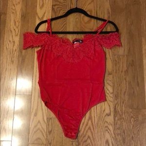 Red bodysuit with lace detail